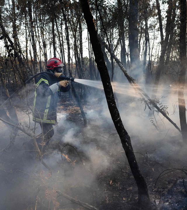 Ein Feuerwehrmann besprüht nach einem Waldbrand in Saint-Just im Westen Frankreichs ein verbranntes Waldgebiet mit Wasser.