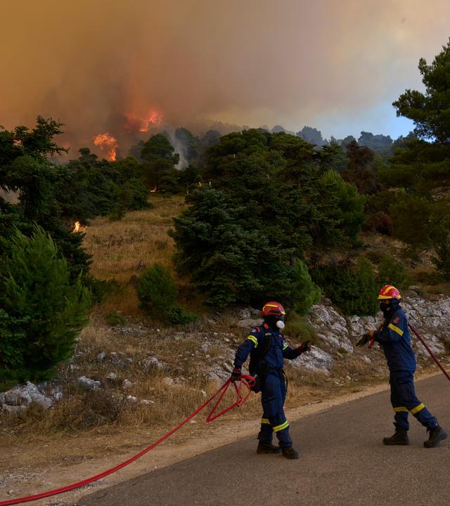 Feuerwehrleute sind auf dem Berg Kithairon in der Nähe von Porto Germeno nordwestlich von Athen im Einsatz. 