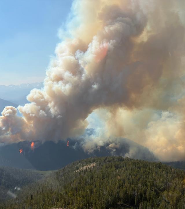 Luftaufnahme eines Waldbrands nahe Bonanza Creek in British Columbia, Kanada.