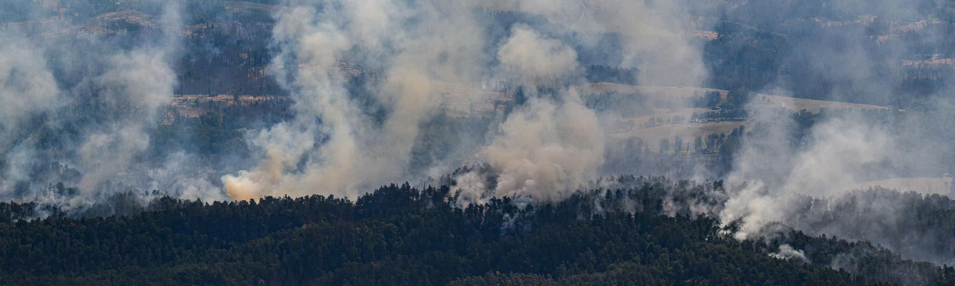 Blick aus einem Hubschrauber der Bundespolizei auf die Waldbrände Nationalpark Sächsische Schweiz.