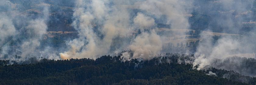 Blick aus einem Hubschrauber der Bundespolizei auf die Waldbrände Nationalpark Sächsische Schweiz.