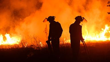 Zwei Feuerwehrmänner stehen vor einer orangenen Feuerwand und versuchen, die Waldbrände im  Nordwesten Spaniens unter Kontrolle zu bekommen.