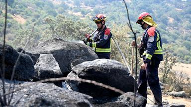 Deutsche Feuerwehrleute spritzen in der Region Extremadura Wasser auf einen bereits abgebrannten Bereich, suchen nach möglichen Glutnestern.