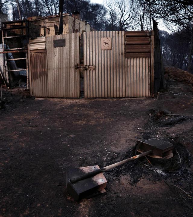Ein verkohlter Briefkasten steht vor einem Haus in einem Waldgebiet nahe Robledo de Chavela westlich von Madrid, das von einem Waldbrand verwüstet wurde.