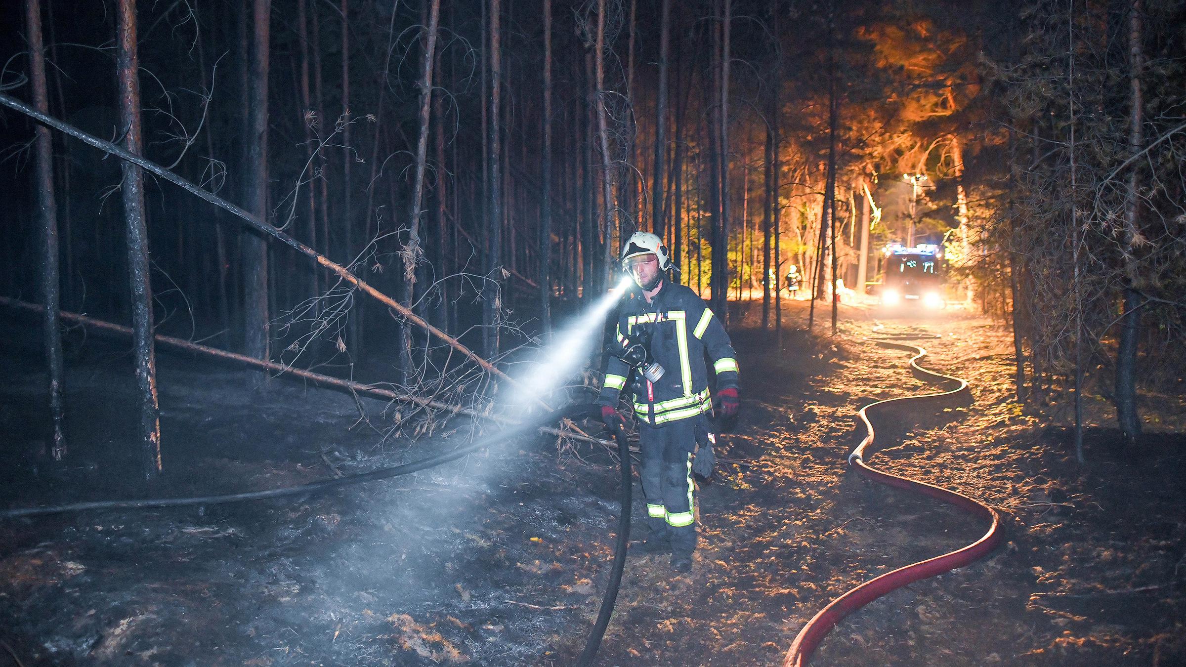Ein Feuerwehrmann geht durch einen verbrannten Wald.