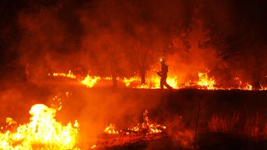 Feuerwehrleute setzen kontrollierte Brandlegung ein, um einen Waldbrand einzudämmen, der sich in der Nähe der spanischen Gemeinde Cerebros ausbreitet.