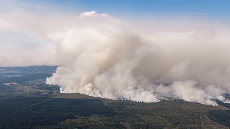 Eine große Rauchwand ist von Deutschland in Richtung des großen Waldbrands in Belgien im Gebiet Hohes Venn zu sehen.