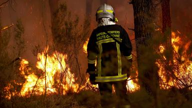 Ein Feuerwehrmann steht vor den Flammen eines Waldbrandes bei Sain-Jeandillac, rund 30km von Bordeaux entfernt. 