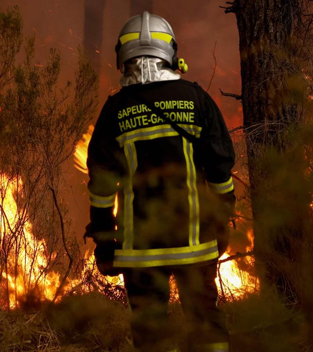 Ein Feuerwehrmann steht vor den Flammen eines Waldbrandes bei Sain-Jeandillac, rund 30km von Bordeaux entfernt. 