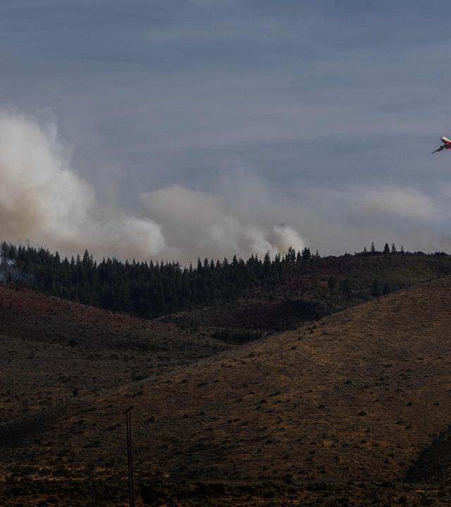 Ein Löschflugzeug wirft während des „Hawk Fire“ am 23.08.2026 im amerikanischen Reno, Nevada, Löschmittel ab. 