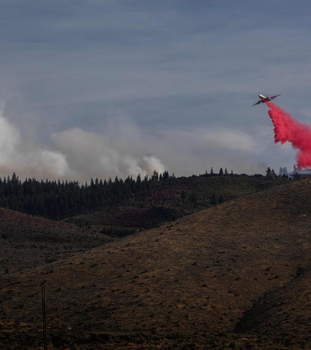 Ein Löschflugzeug wirft während des „Hawk Fire“ am 23.08.2026 im amerikanischen Reno, Nevada, Löschmittel ab. 