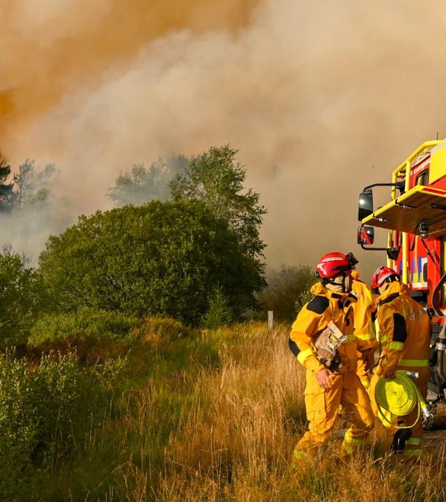 Feuerwehrleute löschen einen Großbrand im Hohen Venn in Belgien. 