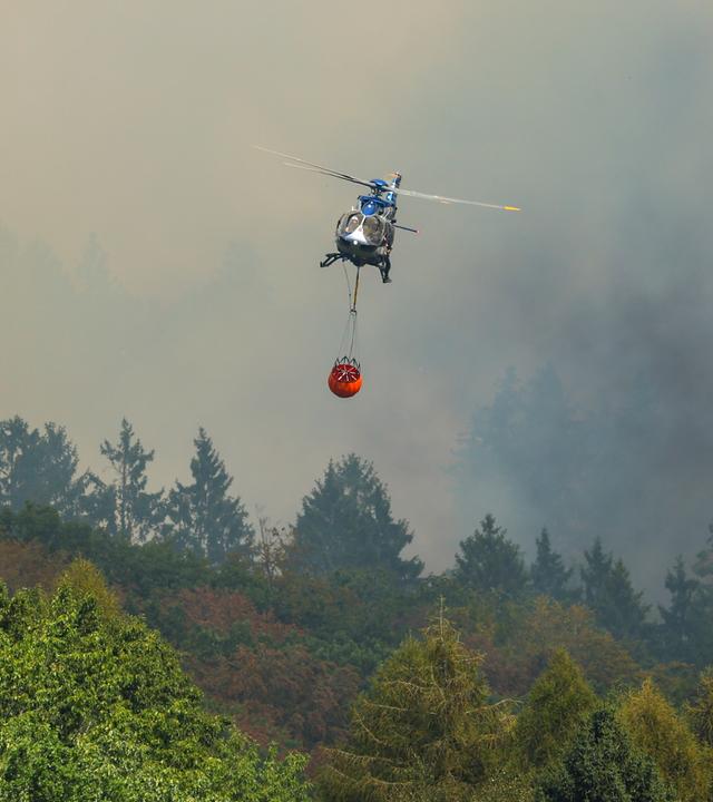 Ein Helikopter fliegt mit Löschwasser über den Waldbrand in der Gemeinde Hürtgenwald. 