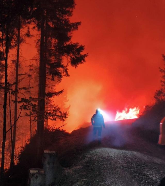 Österreich, Lesachtal: Im Kärntner Lesachtal (Bezirk Hermagor) kämpfen die Feuerwehren seit Donnerstagabend, 23. April 2026, gegen einen Waldbrand.