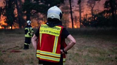 Ein Gruppenführer der Feuerwehr steht mit dem Rücken zur Kamera, den Blick auf einen Waldbrand gerichtet.