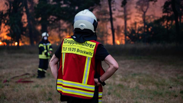 Ein Gruppenführer der Feuerwehr steht mit dem Rücken zur Kamera, den Blick auf einen Waldbrand gerichtet.