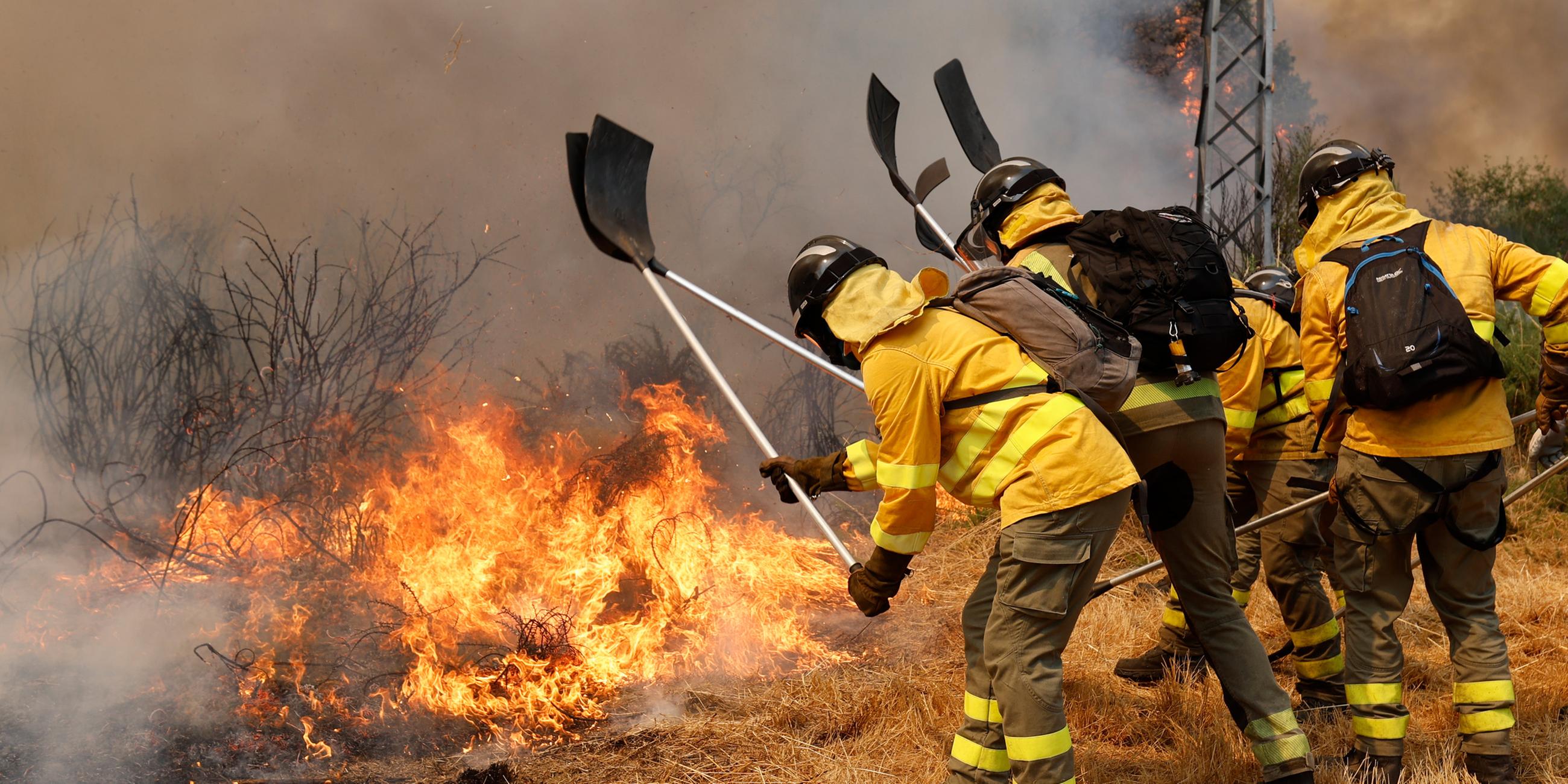 Feuerwehrleute bekämpfen einen Waldbrand in Veiga das Meas im Nordwesten Spaniens. Aufgenommen am 16.08.2025.