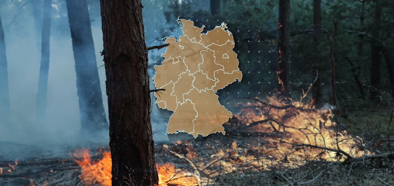 Das Bild zeigt eine Deutschlandkarte über einem Waldbrand.