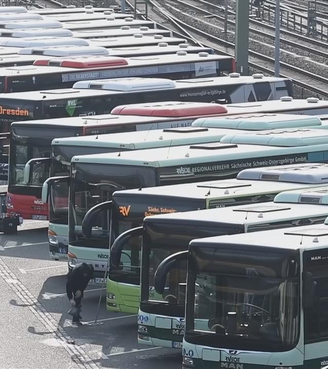 Mehrere Busse stehen auf Parkplätzen im Betriebshof.
