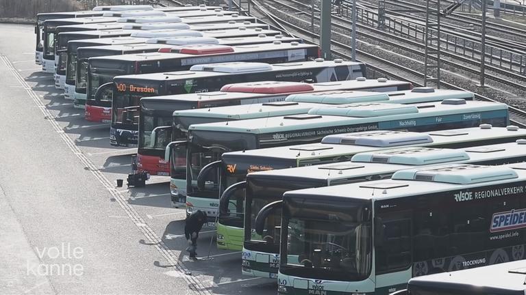 Mehrere Busse stehen auf Parkplätzen im Betriebshof.