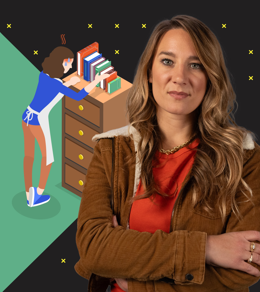 Jasmina Neudecker mit der Grafik einer Frau im Hintergrund, die Bücher zwanghaft ordnet und dabei schwitzt