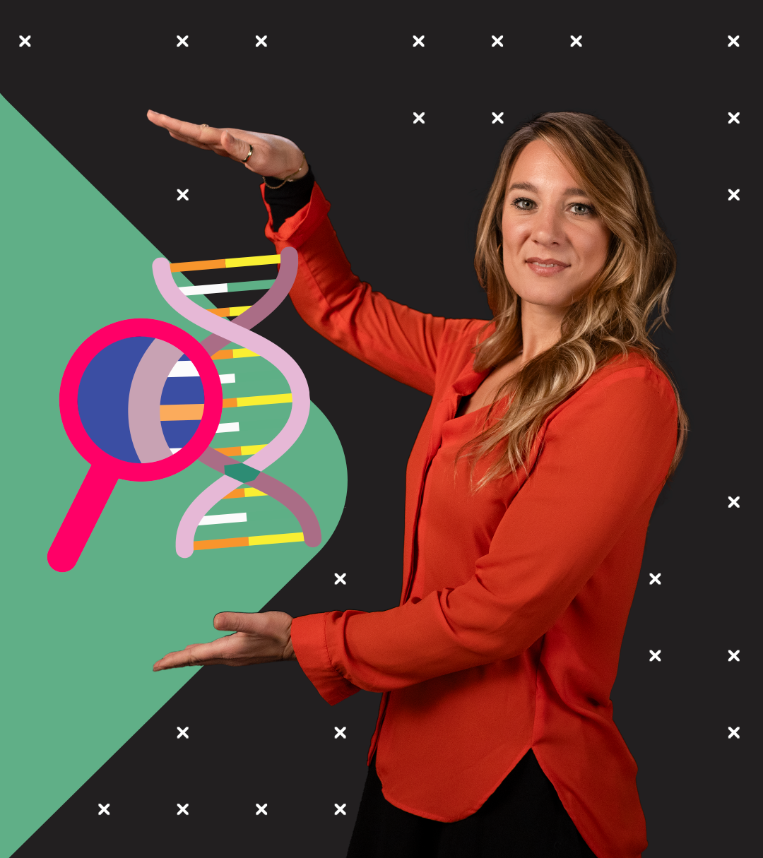 Jasmina Neudecker hält einen DNA-Strang zwischen ihren Händen, auf den eine Lupe gerichtet ist: Welche Informationen, welche Krankheiten, welches Erbe lauert hier?