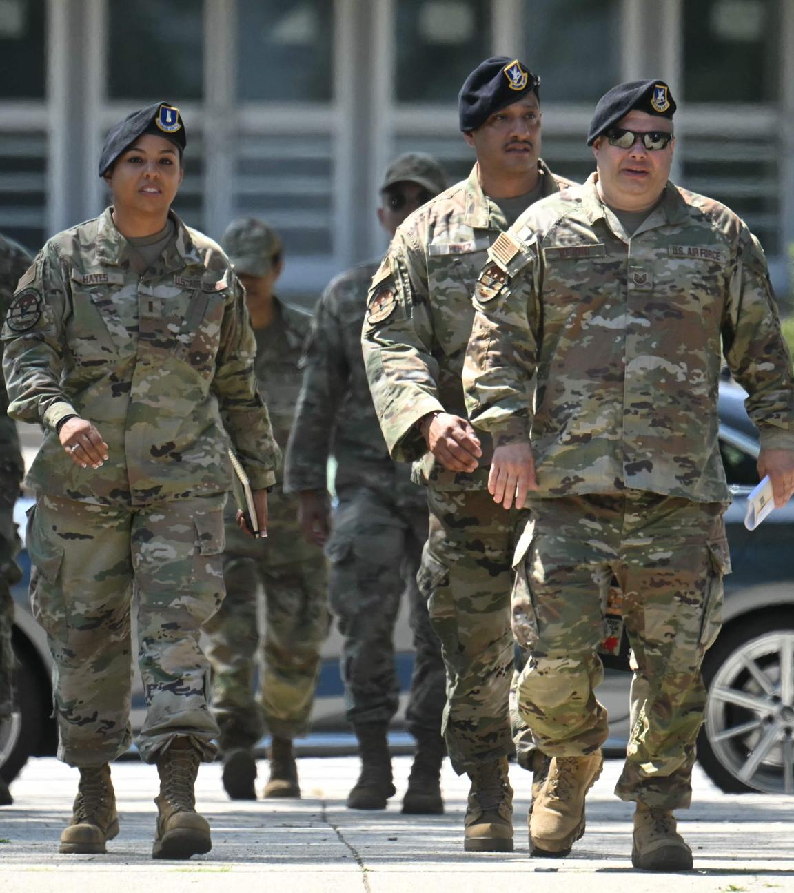 Members of the National Guard walk from the DC Joint Force Headquarters to the DC Armory in Washington, DC, on August 12, 2025.