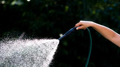 17.07.2018, niedersachsen, laatzen: eine frau steht mit einem gartenschlauch in einem garten und giesst pflanzen. niedersachsens wasserversorger reagieren gelassen auf die anhaltende hitze, den ausbleibenden regen und vor allen dem gesteigerten wasserverbrauch. 