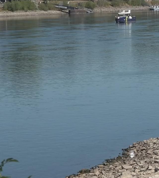 Das Bild zeigt einen sehr schmal gewordenen Fluss durch die Trockenheit.
