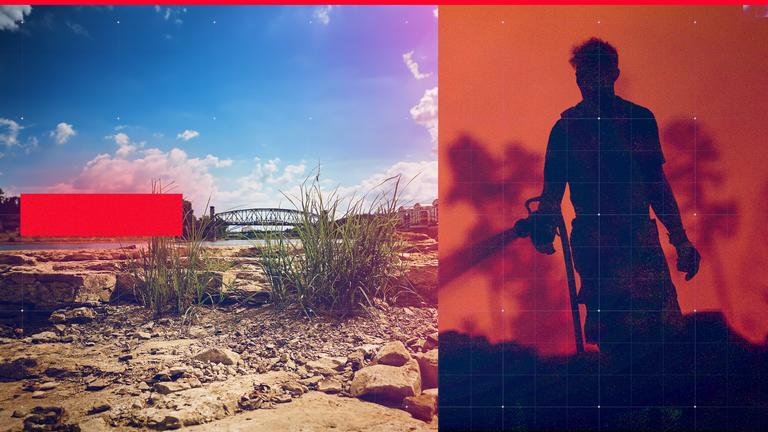 Silhouette von Feuerwehrmann beim Löschen eines Waldbrandes