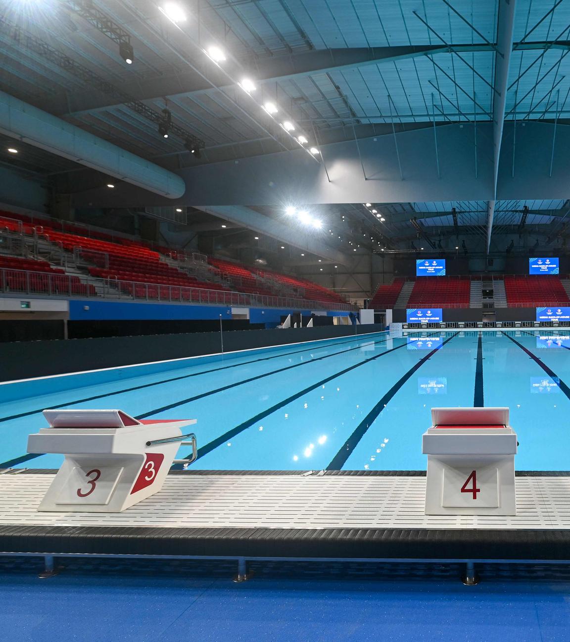 Das Becken der Wassersportarena ist während einer Medientour im Vorfeld der bevorstehenden Wassersportweltmeisterschaften 2025 in Singapur am 16. Juni 2025 abgebildet. 