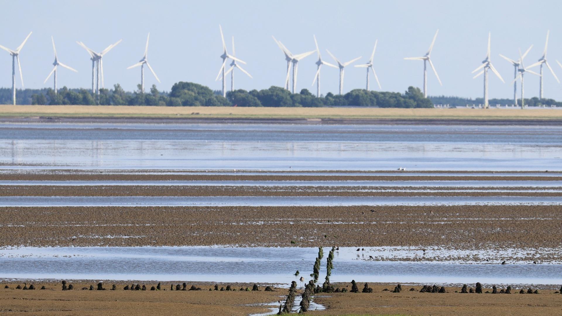 Ein Blick von der Südseite der ostfriesischen Insel Norderney auf das Wattenmeer bis zur Küste am Festland