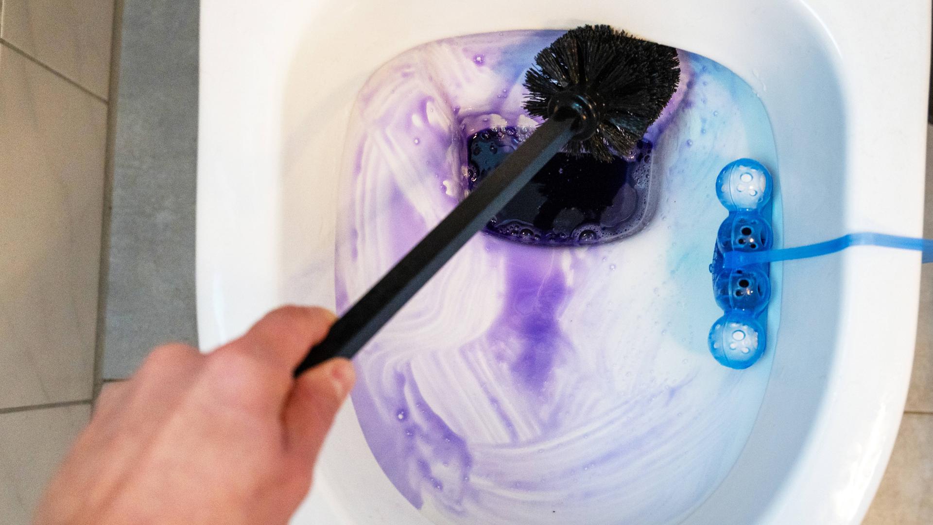 Ein Mann putzt die Toilette mit einer Bürste und einem violetten WC-Reiniger.