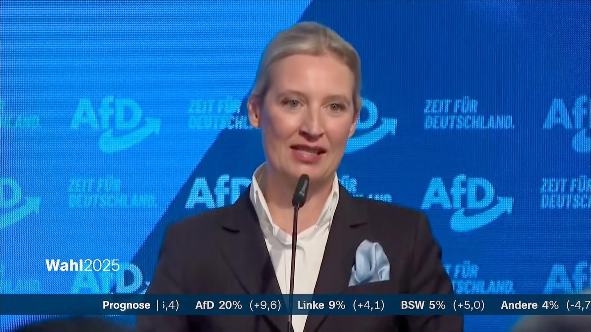 Weidel von der AfD mit einer Reaktion zur Bundestagswahl 2025.