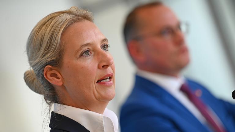 Alice Weidel, Bundesvorsitzende und Fraktionsvorsitzende der AfD, und Tino Chrupalla, Bundesvorsitzender und Fraktionsvorsitzender der AfD im Bundestag, geben ein Pressestatement. (Archiv)