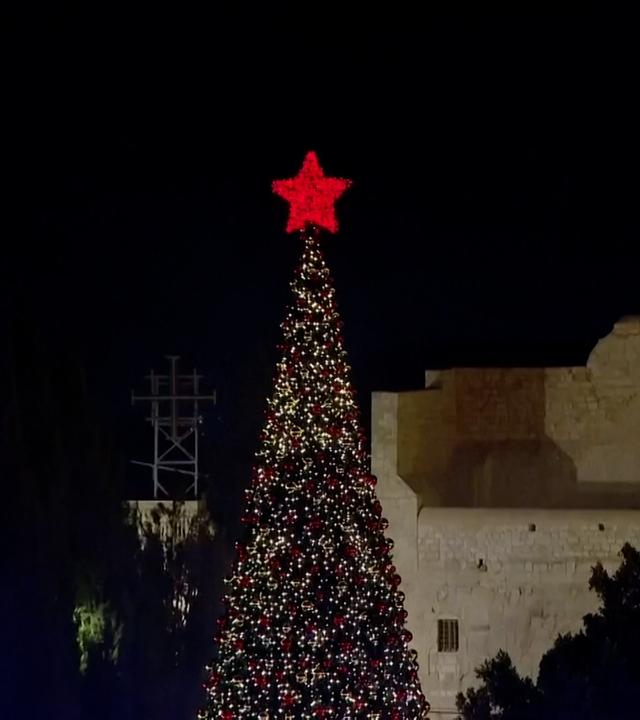 Ein großer Weihnachtsbaum in Bethlehem mit einem roten Stern an seiner Spitze leuchtet in der Nacht