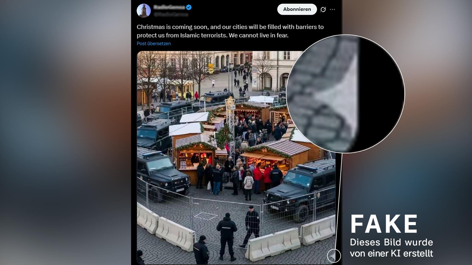 Ein Screenshot von der Social Media-Plattform X, welche einen KI-generierten Weihnachtsmarkt zeigt, der umzingelt von Bewachungsautos ist.