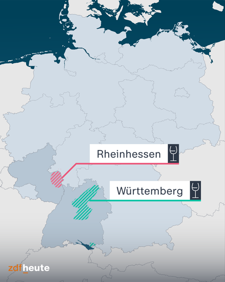 Die Karte zeigt die Weinanbaugebiete Rheinhessen und Württemberg.