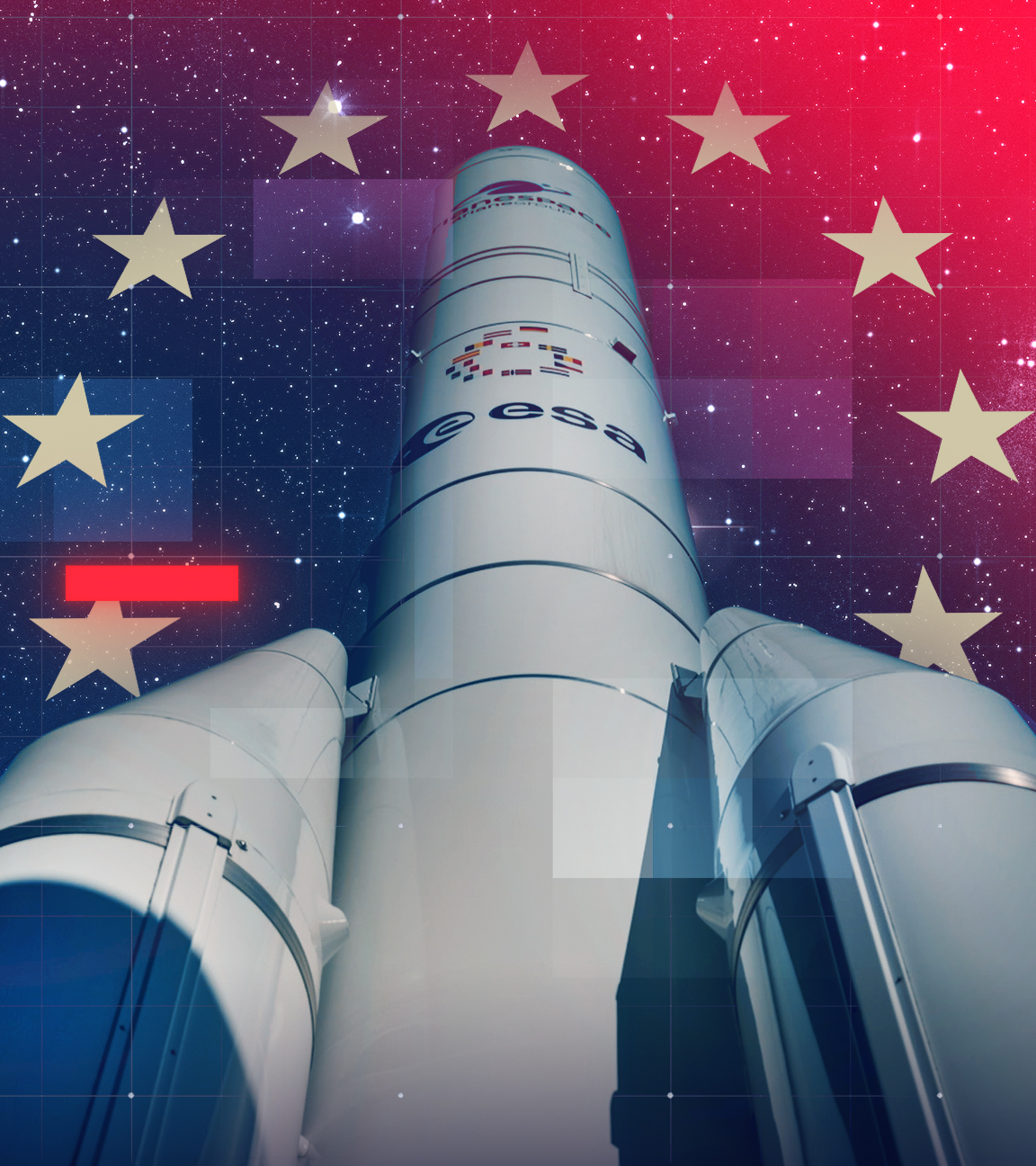 Digital bearbeitete Illustration eines Modells der ESA-Rakete Ariane 6, die in den Weltraum zeigt, umgeben von den Sternen der EU-Flagge im Orbit bei Nacht, mit Sternenhimmel und grafischem Raster-Overlay im Hintergrund
