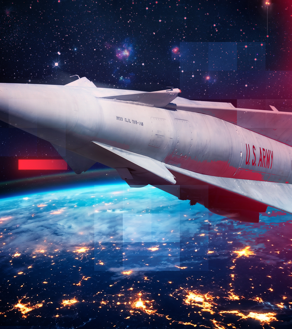 Digital bearbeitete Illustration eines raketenartigen Militärflugkörpers mit der Aufschrift ‚U.S. Army‘ über der nächtlichen Erde, mit leuchtenden Städten, Sternenhimmel und grafischem Raster-Overlay im Hintergrund