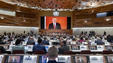 Adhanom Ghebreyesus, Generaldirektor der Weltgesundheitsorganisation (WHO), spricht während der 78. Weltgesundheitsversammlung (WHA78) am 20. Mai 2025 im europäischen Hauptquartier der Vereinten Nationen in Genf.