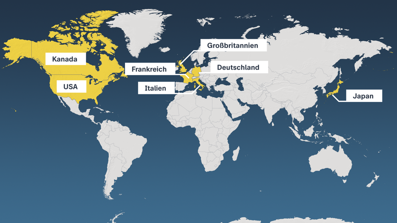 Eine Weltkarte auf der die G7-Staaten Kanada, USA, Frankreich, Italien, Großbritannien, Deutschland und Japan gelb markiert sind.