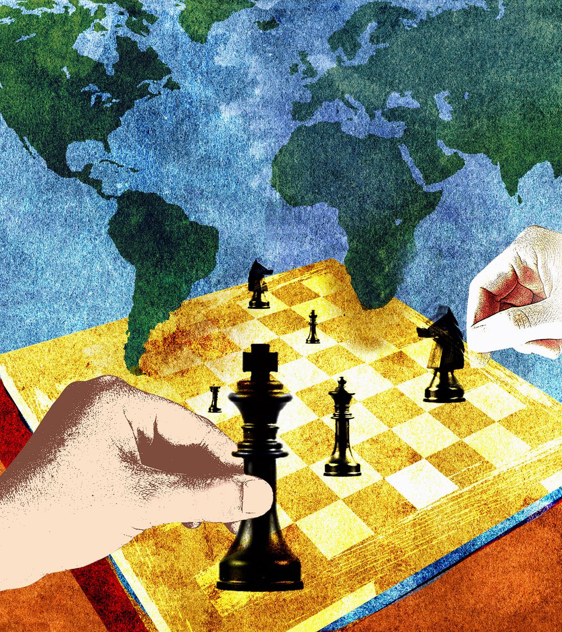 Das gemalte Bild zeigt zwei Hände beim Schachspiel vor einer Weltkarte.