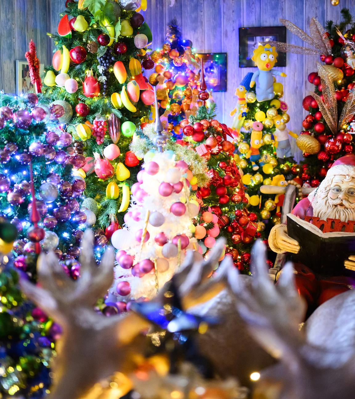 Viele bunt geschmückte Weihnachtsbäume in einem Raum