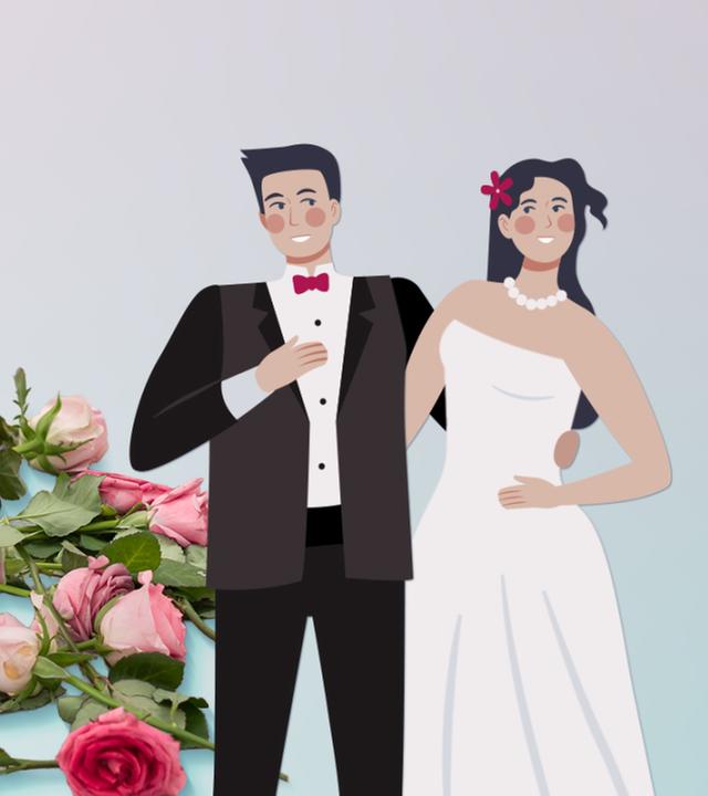 Illustration eines Brautpaares, auf dem Boden liegen Rosen