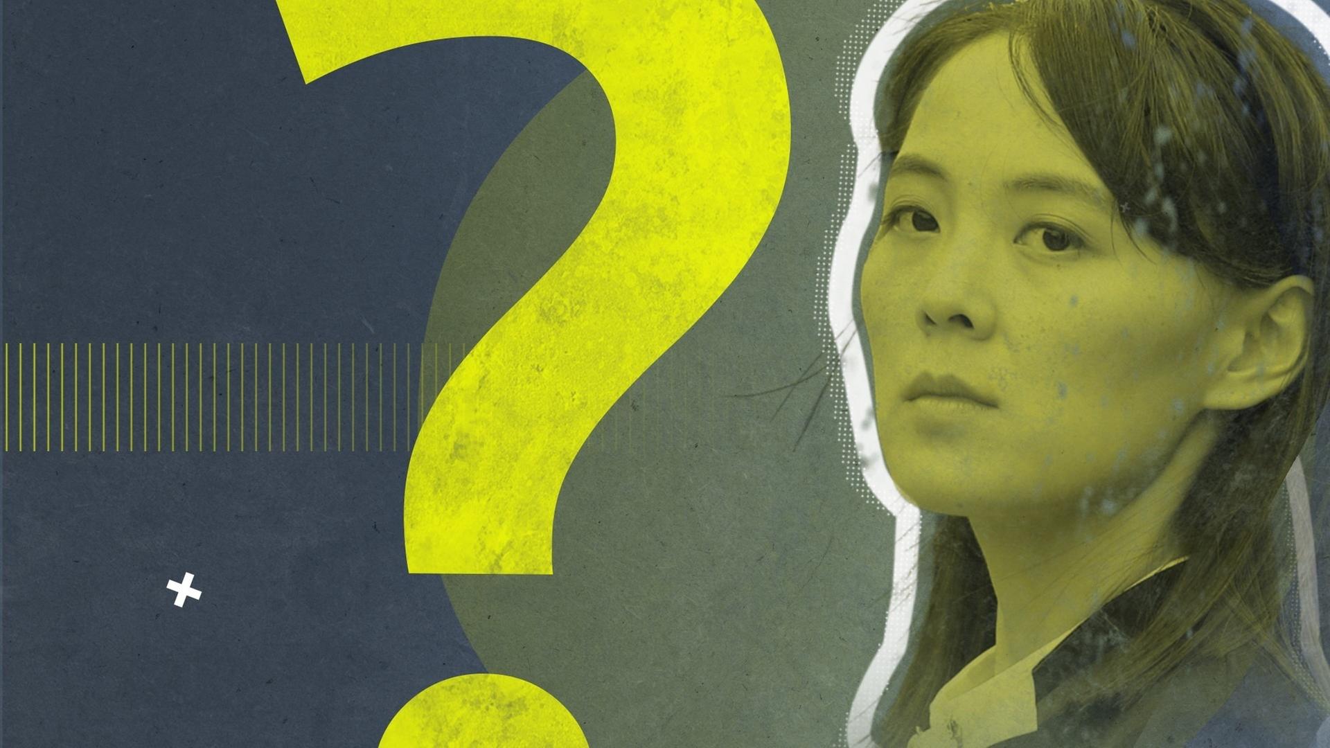  Kim Yo-jong steht in einem schwarzen Oberteil zwischen zwei weiteren Personen. An ihrem Revers ist eine rote Stecknadel angebracht auf der Kim Jong-il und Kim Il-sung zu sehen sind.