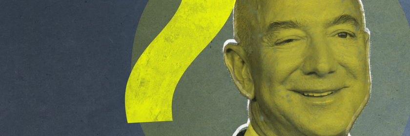 Jeff Bezos im Porträt, grun eingefärbt, links daneben ein gelbes Fragezeichen im Anschnitt.