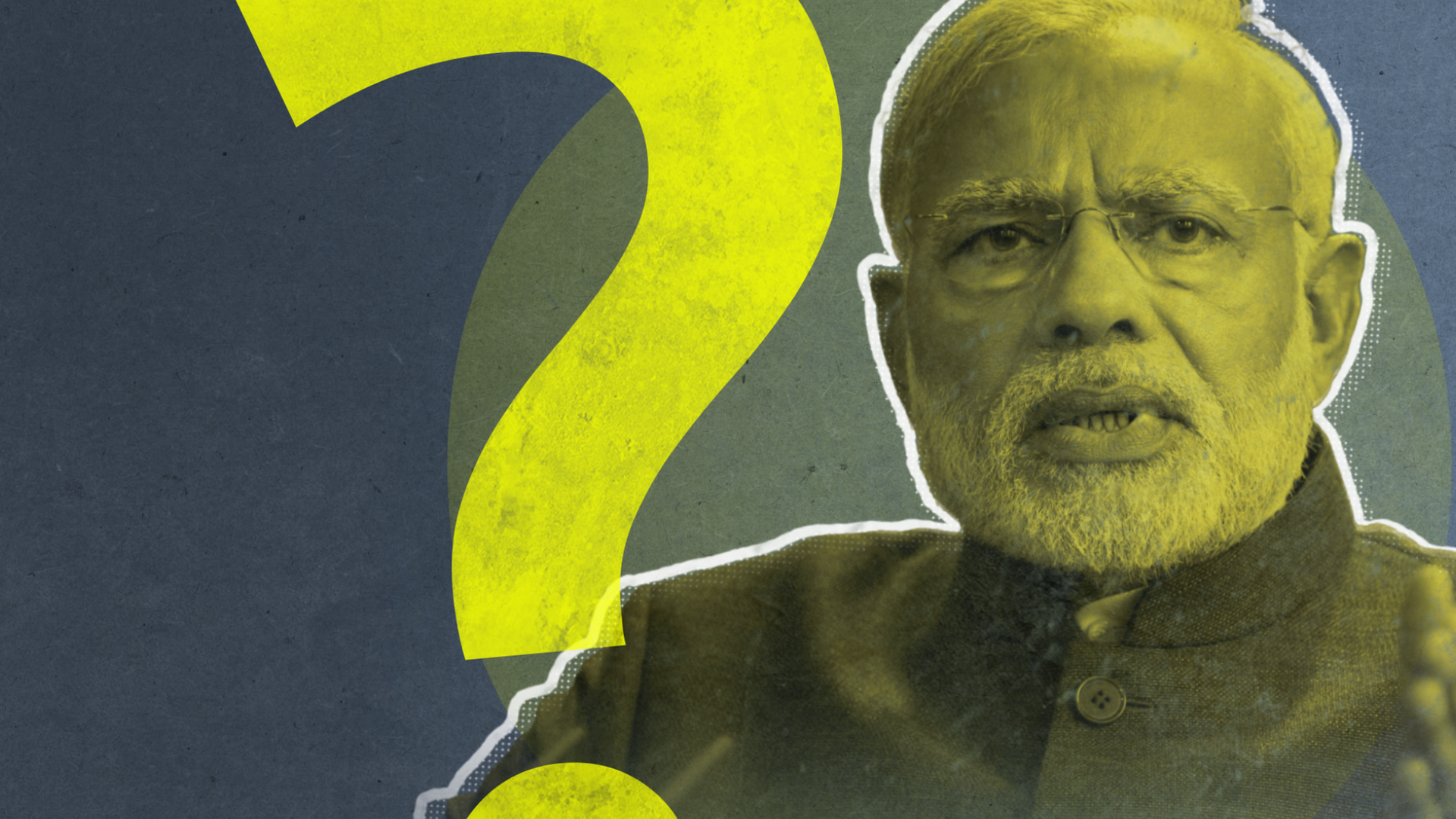 Der indische Präsident Narendra Damodardas Modi schaut in die Kamera. Er trägt einen weißen Stoppelbart und eine Brille. Das Foto ist schwarz gelb eingefärbt.