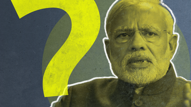 Der indische Präsident Narendra Damodardas Modi schaut in die Kamera. Er trägt einen weißen Stoppelbart und eine Brille. Das Foto ist schwarz gelb eingefärbt.