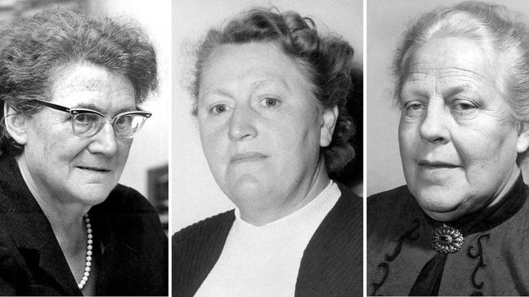 Berlin: Die "Mütter des Grundgesetzes". Helene Wessel (l-r, 04.07.1968), Elisabeth Selbert (1953), Helene Weber (08.03.1956), Frieda Nadig (undatiert).